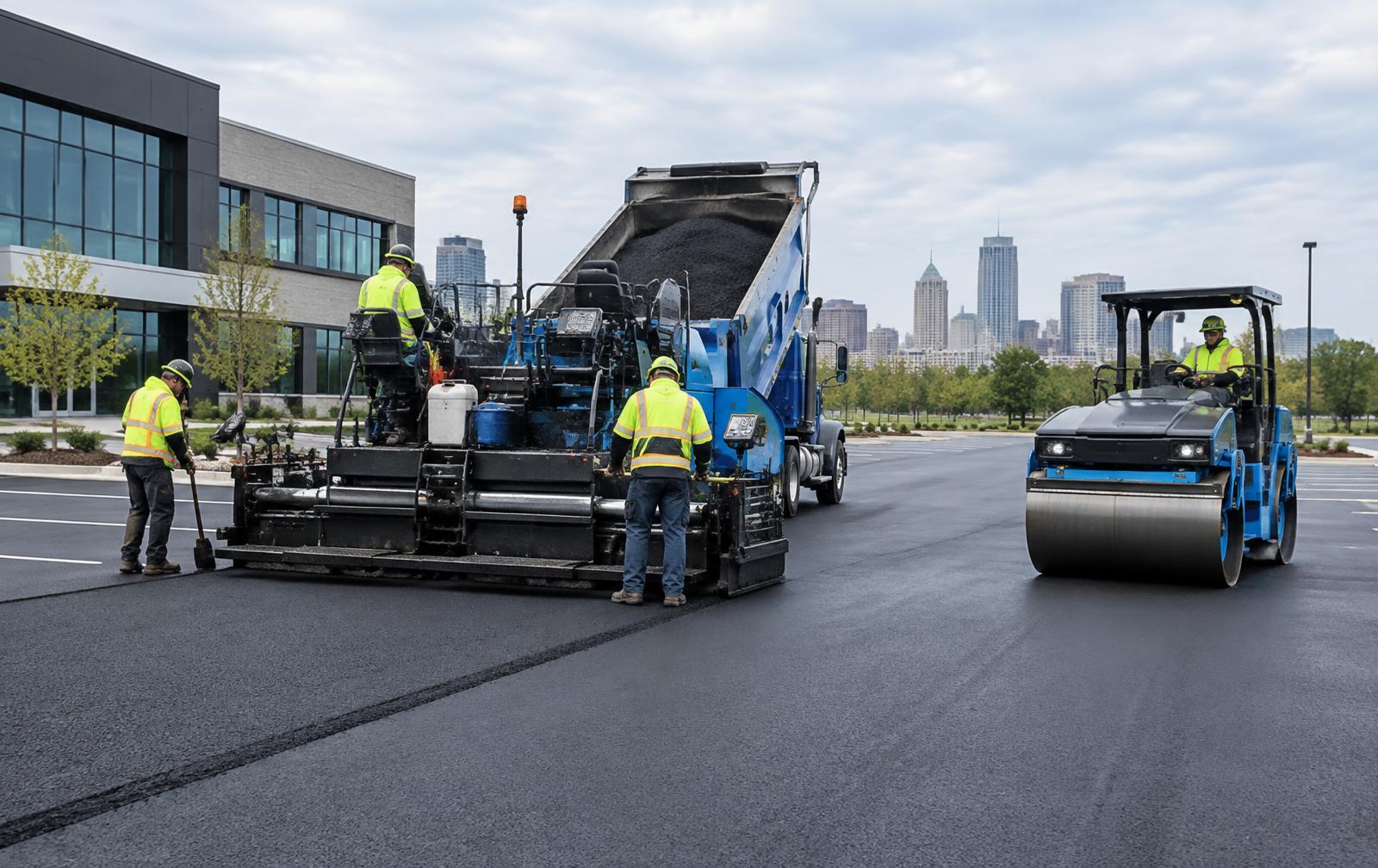 Professional paving crew installing a commercial asphalt surface